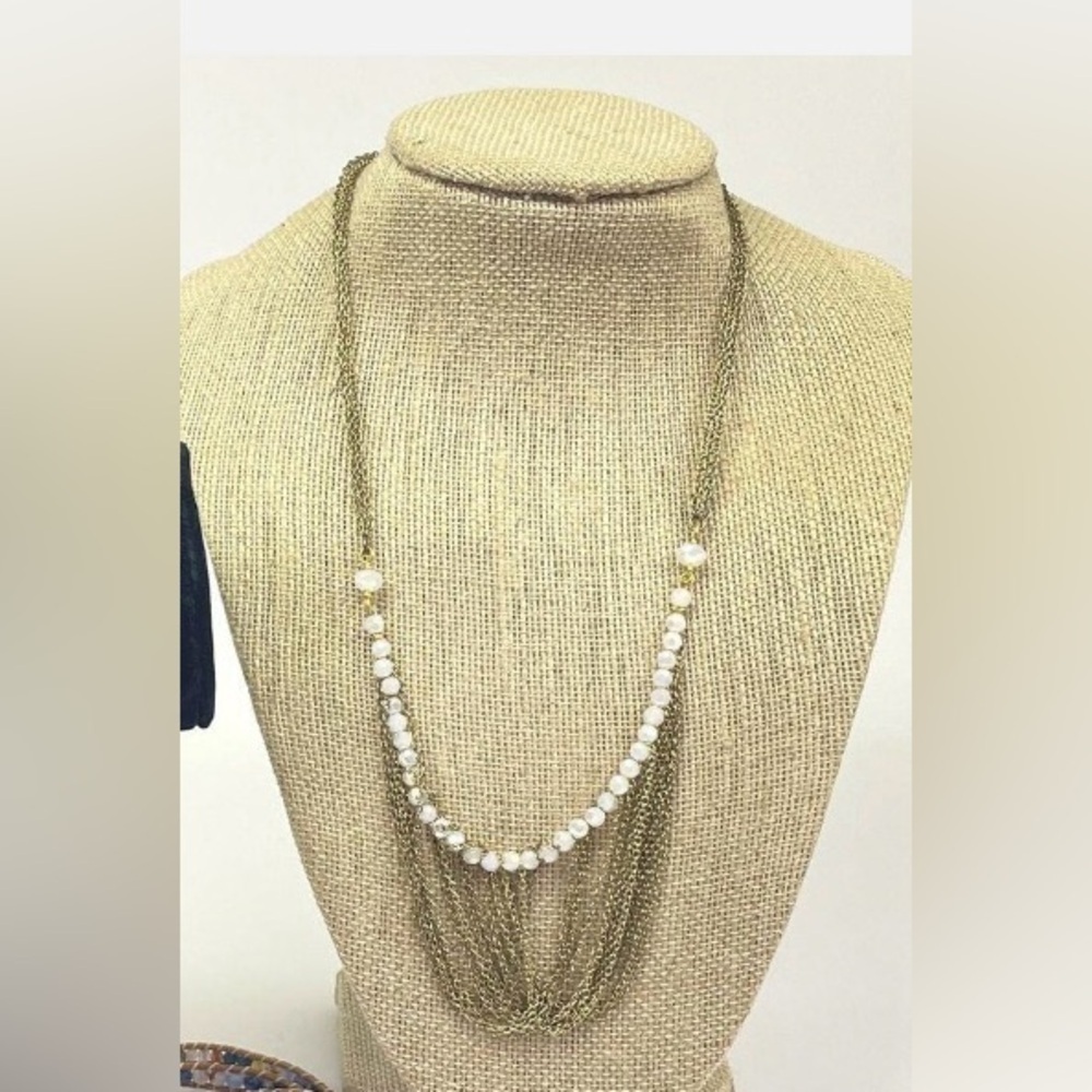 Nakamol Layered Gold Chain Necklace White Iridescent Beaded Statement